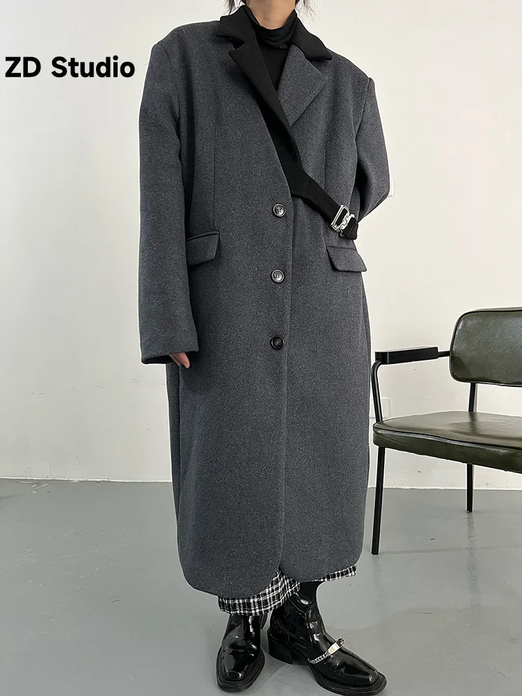 

[ZD Studio] Loose Fit Gray Buckle Size Long Woolen Coat Parkas New Long Sleeve Women Fashion Tide Autumn Winter 2023 1DF0214