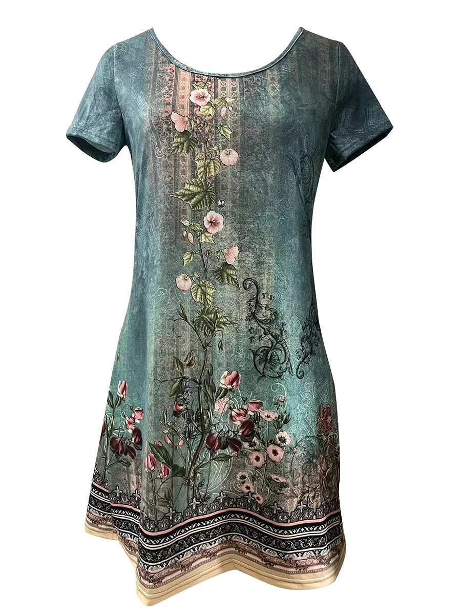 

Women s Floral Print Short Sleeve Dress with Loose Fit and Round Neckline - Perfect for Summer Parties and Casual Occasions
