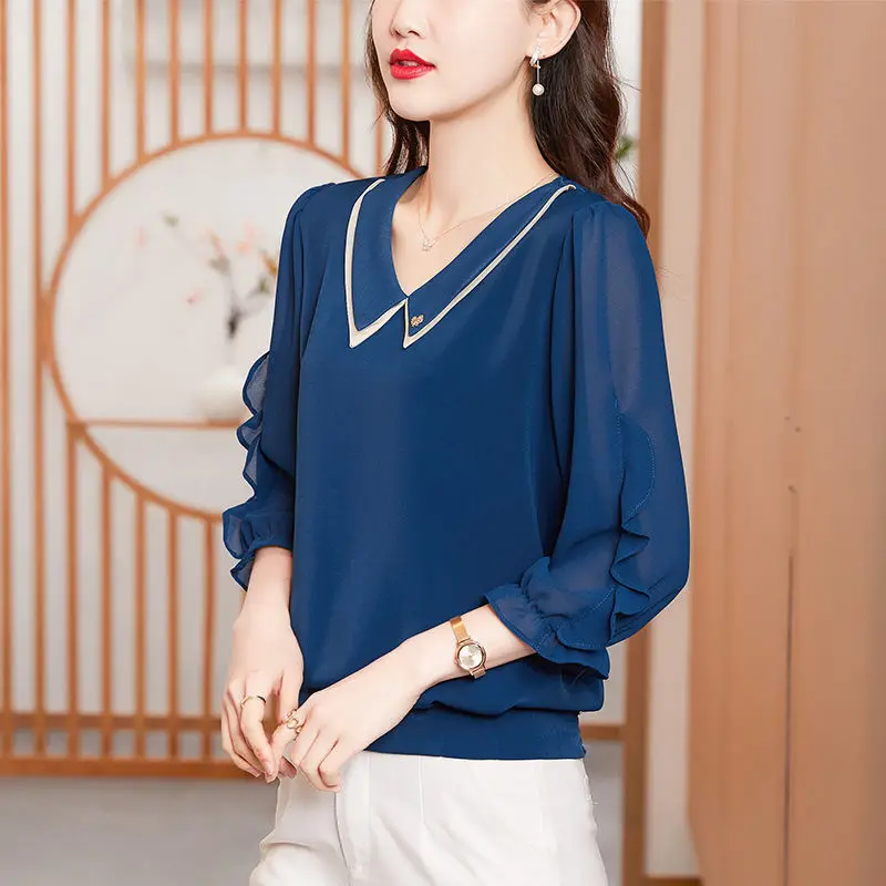 

Chiffon Shirt Spring Summer New Fashion V-neck Solid Color Loose Top Slim Seven-point Sleeve Blouse Women's Blusas