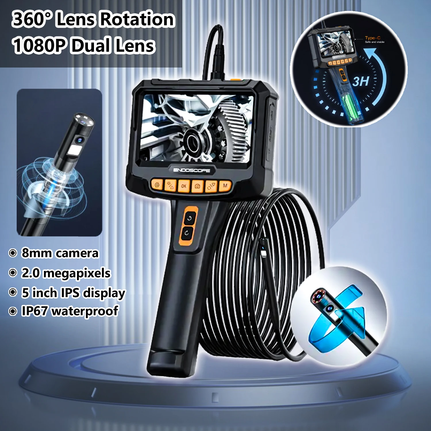 8 мм 5 дюймов 360 ° 1080P двойной объектив Автомобильный контролируемый промышленный