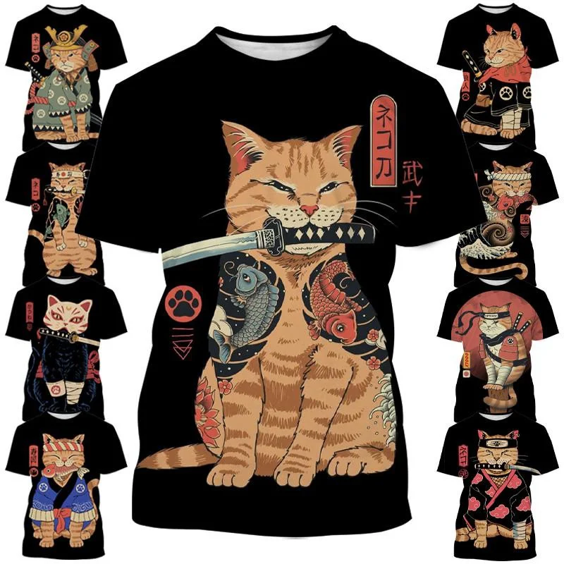 

Новинка, повседневный модный мужской топ в японском стиле ретро с 3D рисунком самурайского кота, с коротким рукавом, уличная одежда в стиле Харадзюку