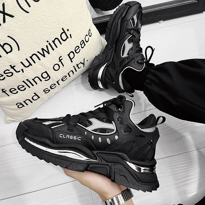 

Кроссовки мужские на платформе, дышащие, на шнуровке, массивные, Спортивная Уличная обувь для спортзала, черные белые