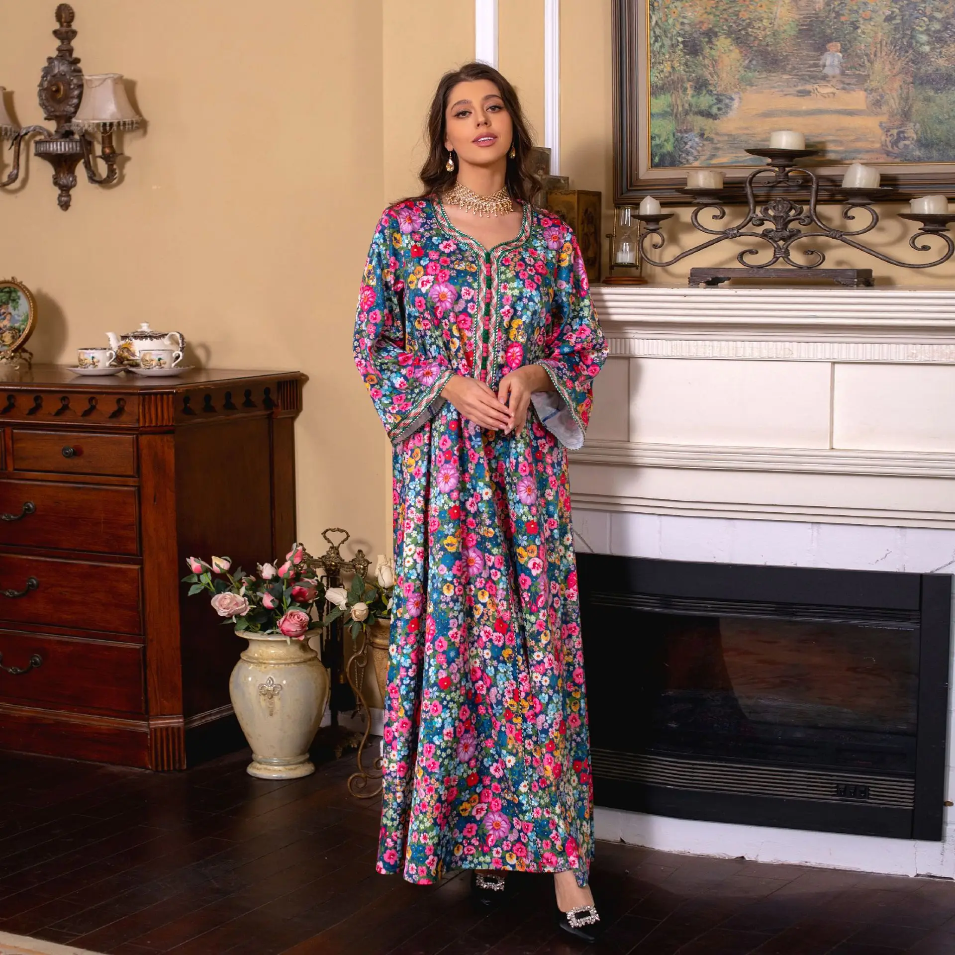 Ab272 Middle East Women's Clothing Arab Dubai Muslim Robe Abaya Printed Dress for Women Summer Robe Femme Musulmane
