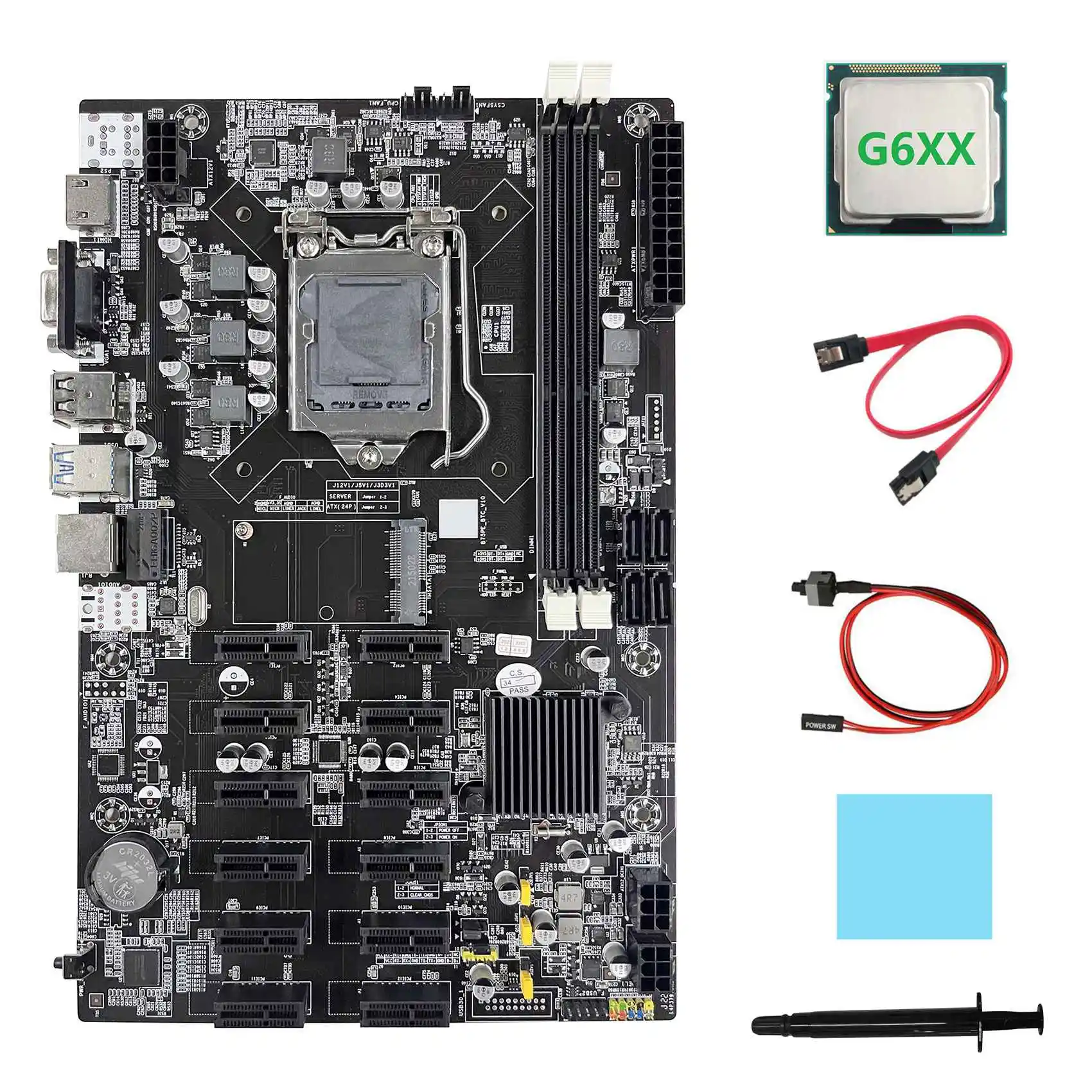 

B75 12 PCIE ETH Mining Motherboard+G6XX CPU+SATA Cable+Switch Cable+Thermal Pad+Thermal Grease BTC Miner Motherboard