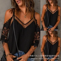 off shouder v neck sexy women shirt loose lady fashion tops summer solid camisole lace short sleeve casual clothes wholesale new