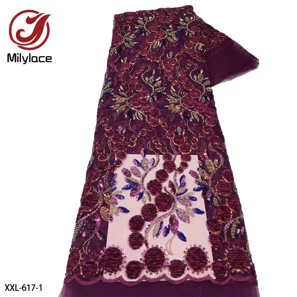 

Wholesale Sequins and Beaded Lace Fabric African Net Mesh Embroidery Lace Fabric French Nigerian Lace for Wedding Dress XXL-617