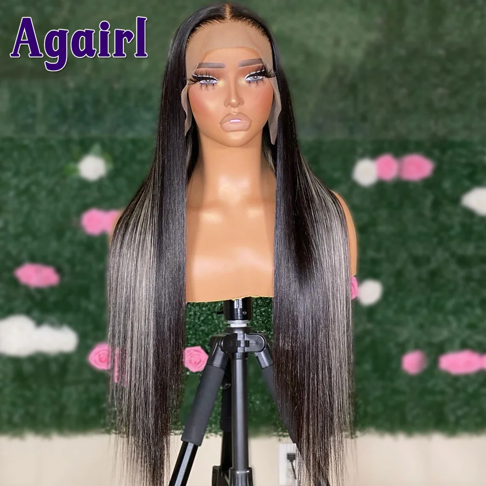 30 Inch 13x4 13X6 Straight Black Wigs With Gray Highlights Lace Frontal Wig For Women 100% Human Hair 5x5 Lace Closure Hair Wigs