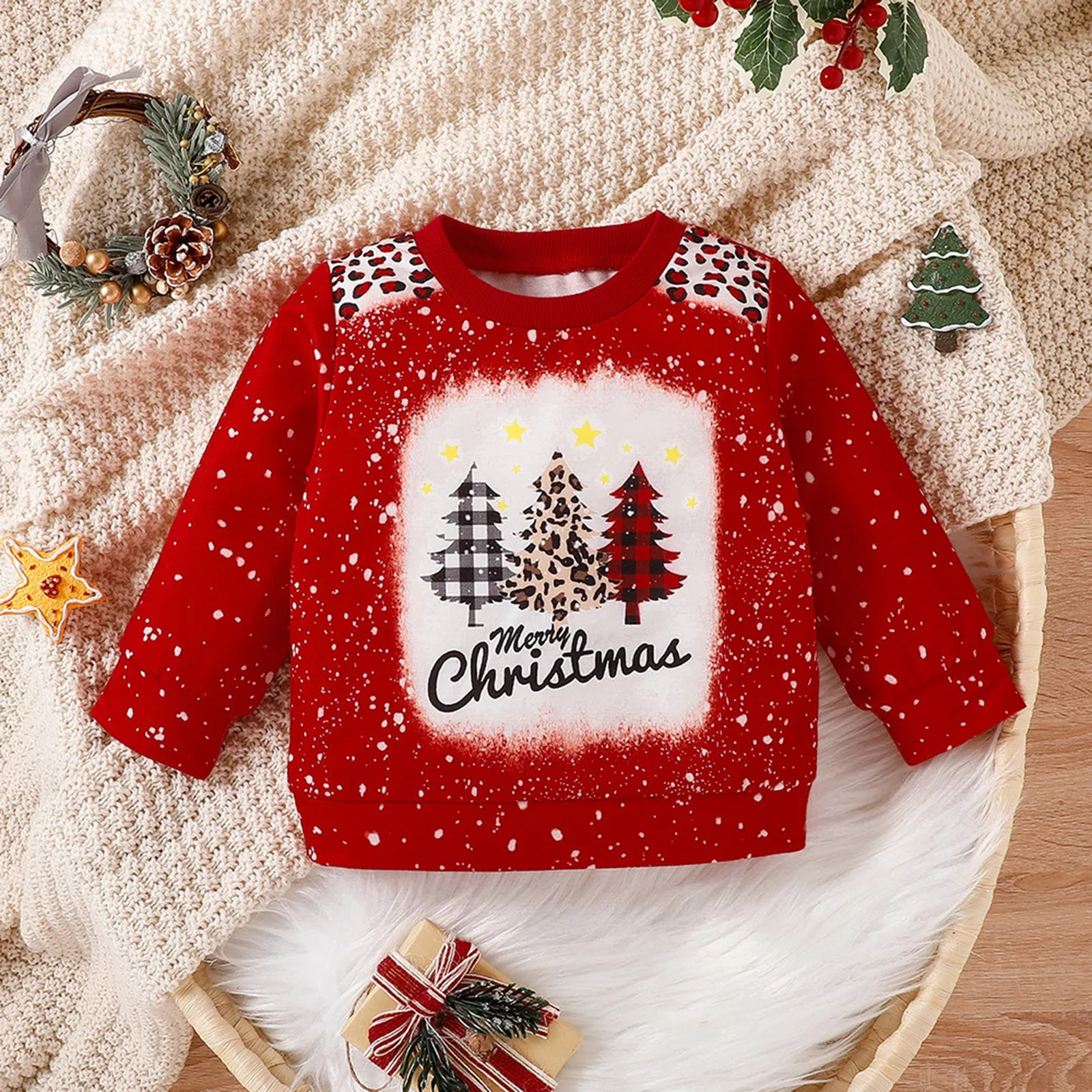 

Infant Babies Christmas Tops Baby Boys Girls Red Sweatershirts Christmas Tree Printing Tops Long Sleeve Pulloves For Kids 1 2 3T