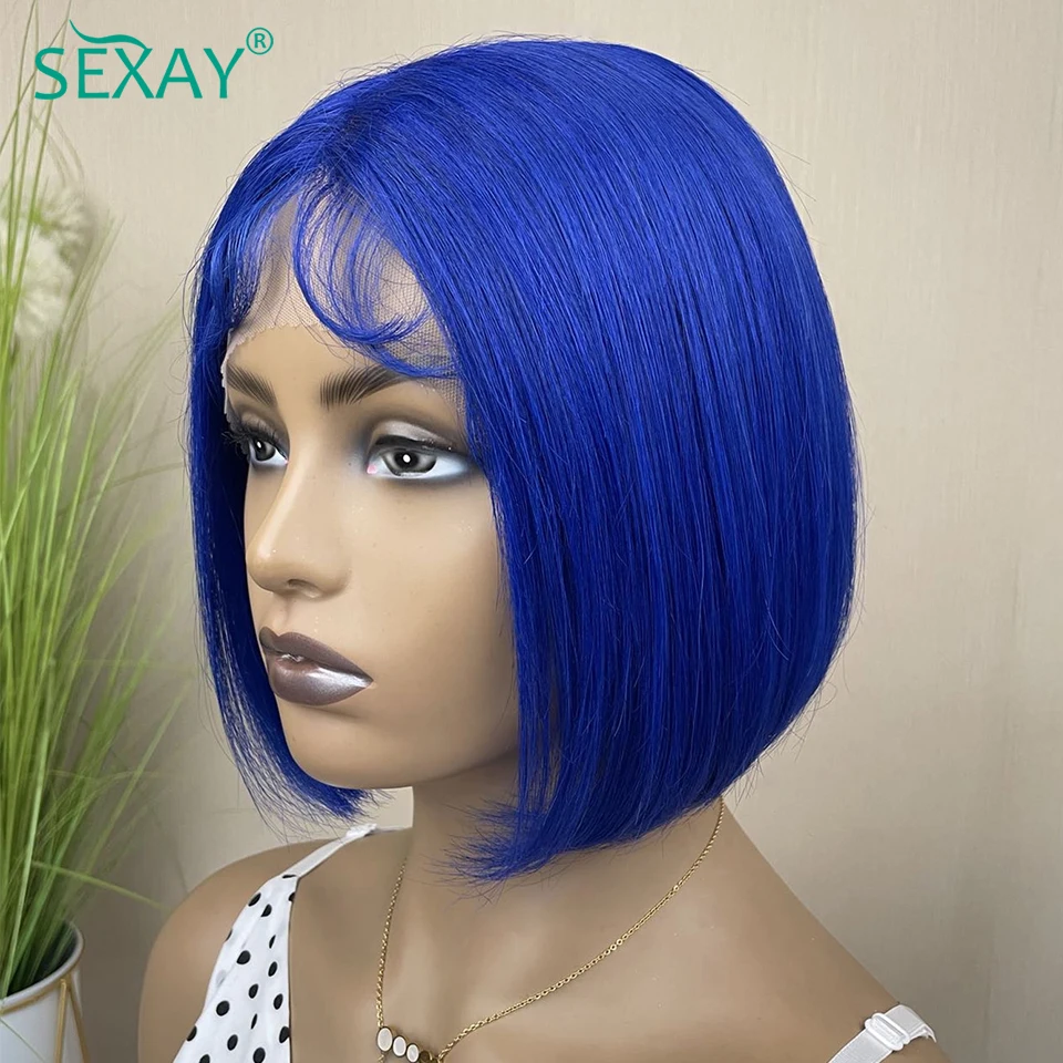 

Blue Bob Lace Front Human Hair Wig 13x4 HD Transparent Lace Frontal Wig Brazilian Colored Hair Double Drawn Glueless Bob Wig
