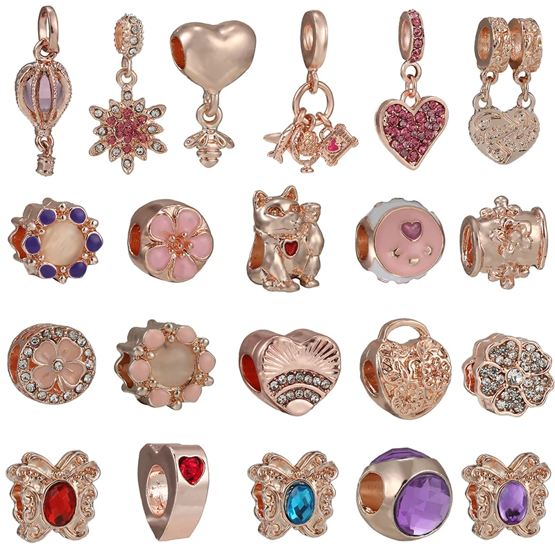 

Rose Gold Flower Bee Crystal Balloon Crown Pendant Beads Suitable for Original Brand Charm Bracelet DIY Ladies Jewelry Gifts
