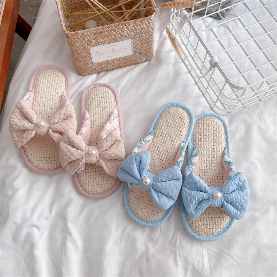 Cute Girly Bow-knot Slippers Flax Sandals Home Indoor Non-slip Women Girl Slippers Pink Blue Breathable Sweaty Spring Summer