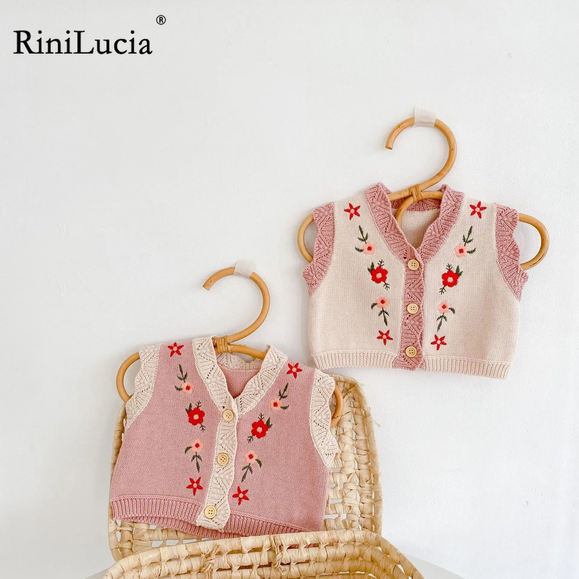 

RiniLucia 2022 Korean Style Spring Baby Girl Vest Knitting V-neck Sleeveless Flower Embroidery Waistcoat Sweater Clothes