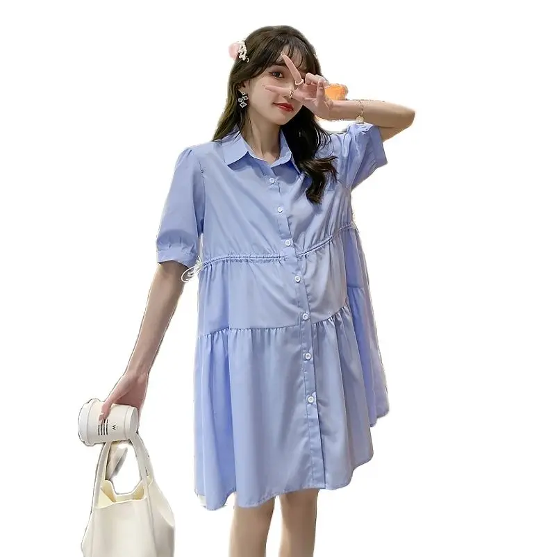 

female pregnant shirt dress one-piece cotton short sleeve single-breasted