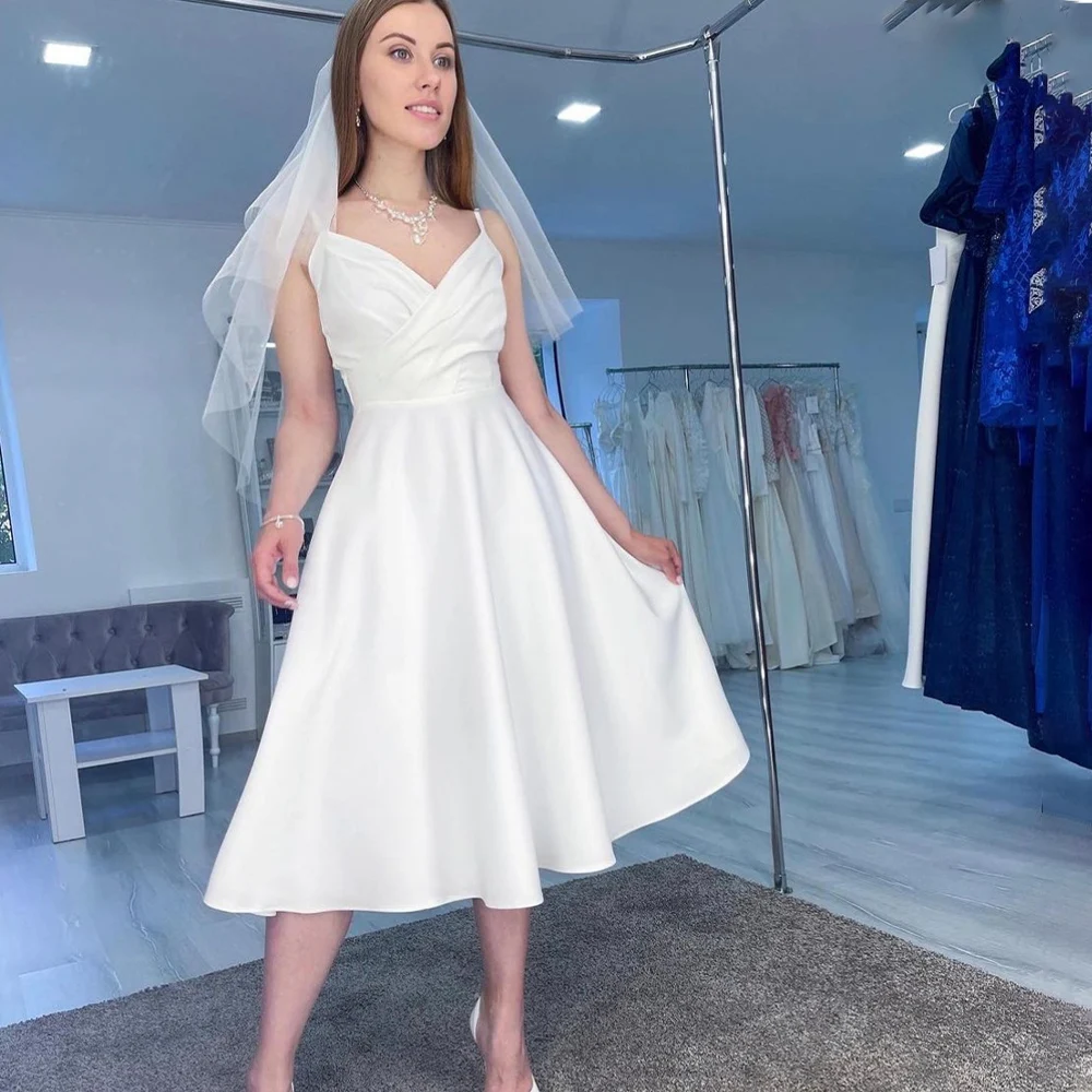 

Short Simple Satin Wedding Dress Party Spaghetti Strap Knee Length Sleeveless For Women Bridal Gowns White Custom Made Robe De