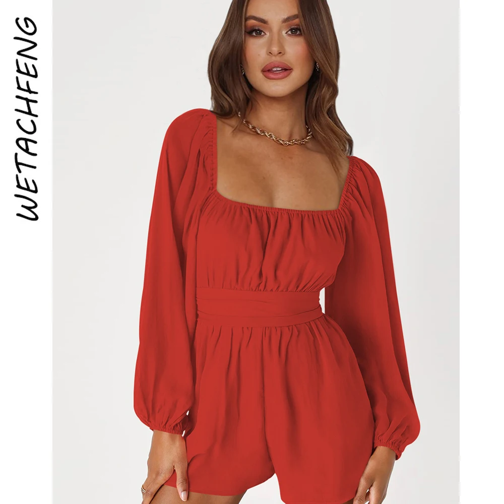 

Женский комбинезон с шортами, красный комбинезон с рукавами-фонариками, Облегающий комбинезон со складками, лето 2023