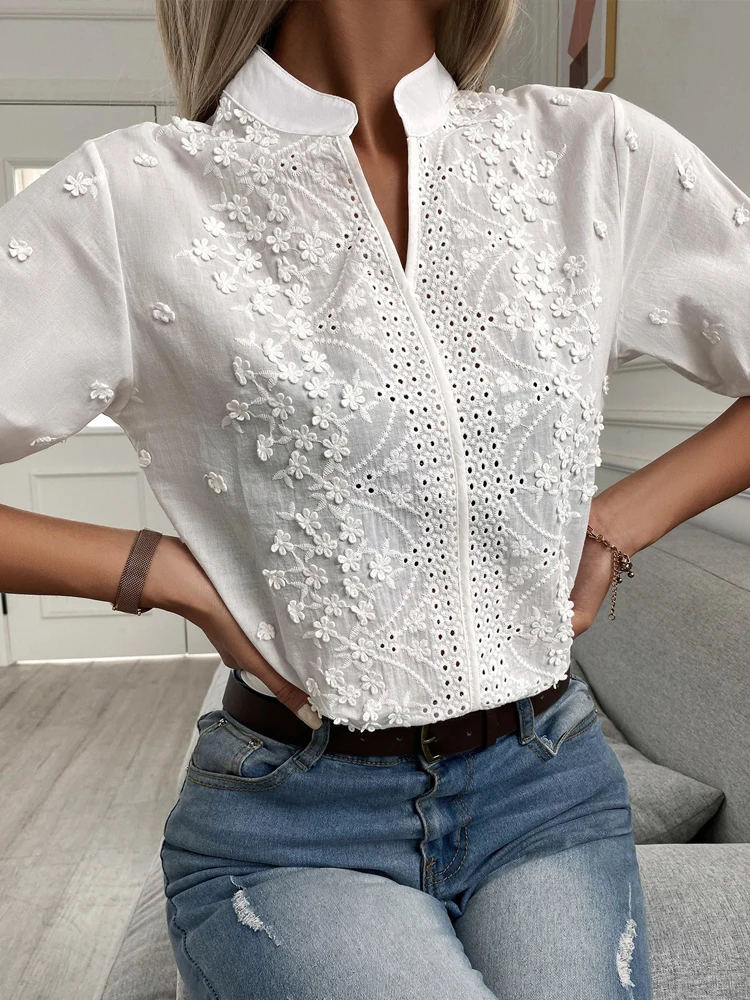 

Women Summer Floral Embroidery Lace Blouse Hollow-out Stand Collar V Neck Casual Shirt Elegant Short Sleeve Cotton Tops New