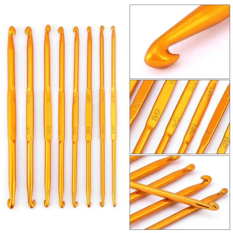 

8Pcs Golden Alumina Double End Crochet Hook Knitting Needle Set Weave Craft Sweater Knitting Metal Handle Craft Needles