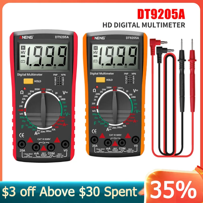 

Цифровой мультиметр DT9205A, портативный вольтметр, амперметр с ЖК дисплеем, сопротивление и емкость