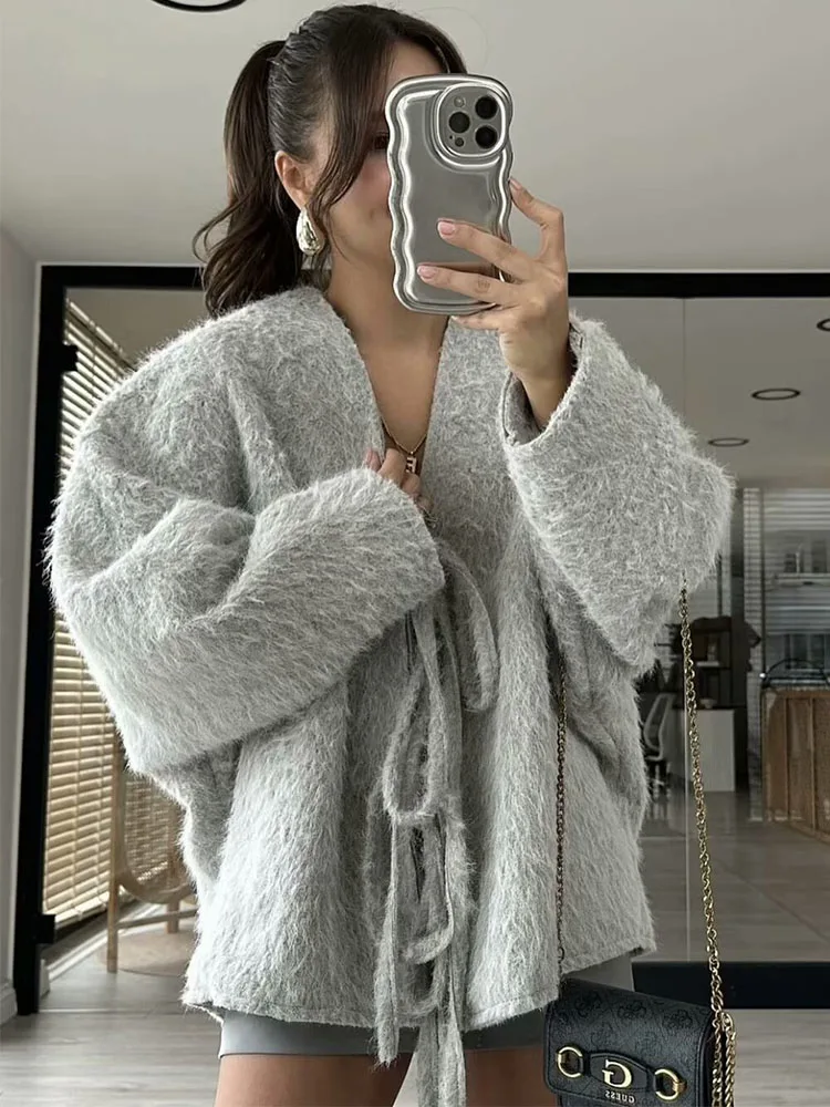 TRAF Элегантные женские свободные однотонные пальто на шнуровке Модная