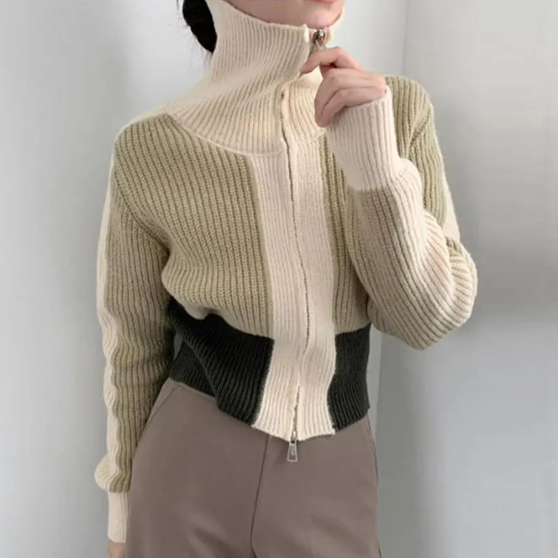 

WDMSNA Autumn Winter Vintage Simple Women Sweater High Collar Color Blocking Knitted Cardigans Long Sleeve Slim Cropped Cardigan