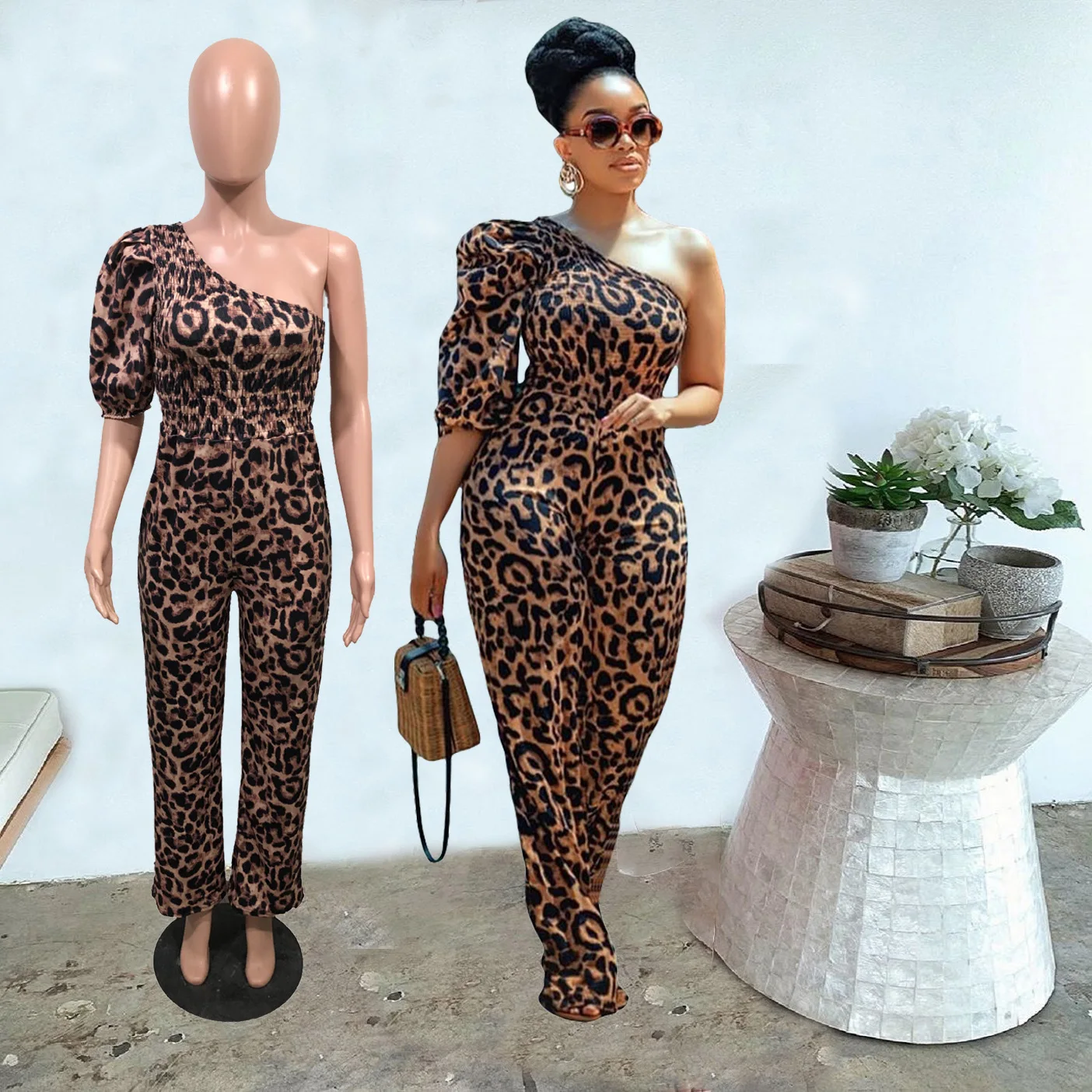 Sexy One Shoulder Rompers Womens Jumpsuit Leopard Print High Waist Long Pants Jumpsuits Overalls New Arrival 2022 Dropshipping