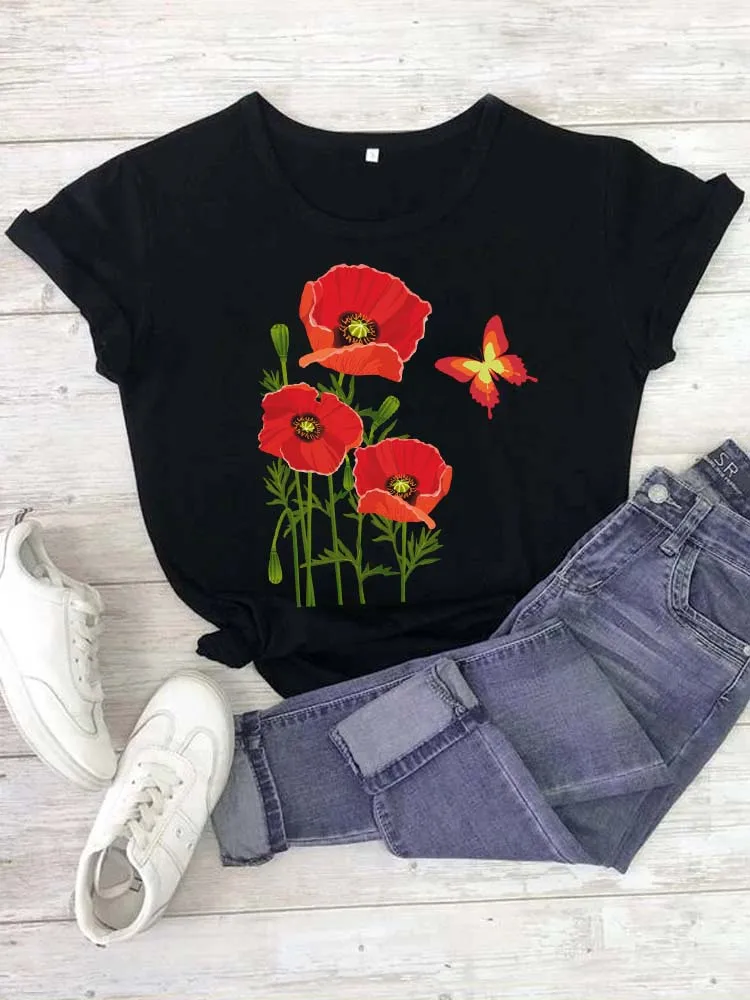 

Maycaur New Butterfly Poppy Women Tshirt Cartoon Graphic Printed Ladies T Shirt Fashion Women Shirts Summer Tops Female T Shirt