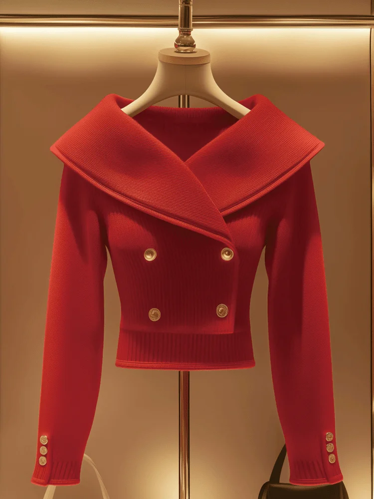 Ankela красный двубортный вязаный кардиган с большими лацканами женский ранний