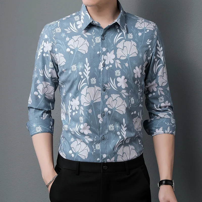 Mattswag Mens Flowers Printing Vintage Long Sleeve T Shirts Spring Autumn Breathable Men's Clothing Casual Slim Fit Shirt Camisa