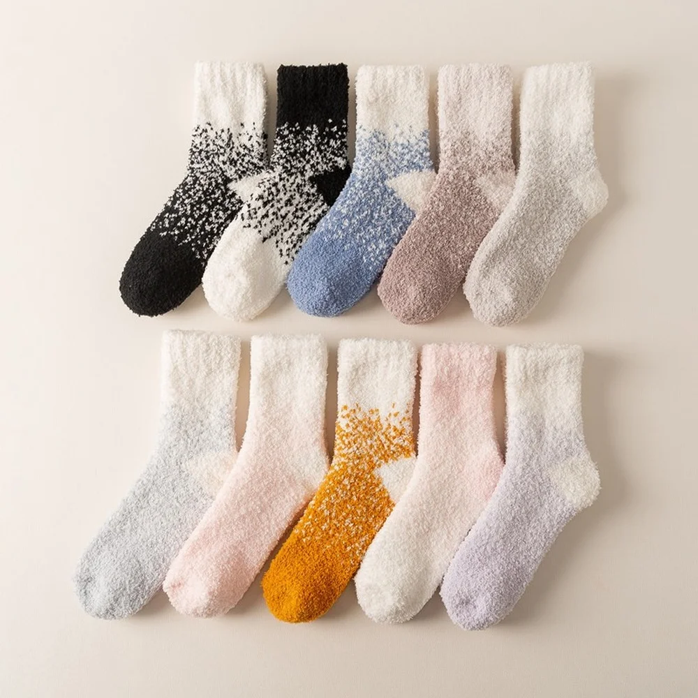 10 Pairs Autumn and Winter New Coral Fleece Socks Women Mid-tube Warm and Thick Women Cartoon Socks Full of Stars Sleeping Socks