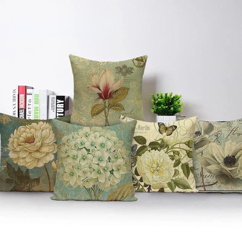 

Plant Farmhouse Decor Cushion Vintage Pillow Decorative Pillows Case Cushion Cover Bird Flowers Home Decor Funda Cojines 45x45