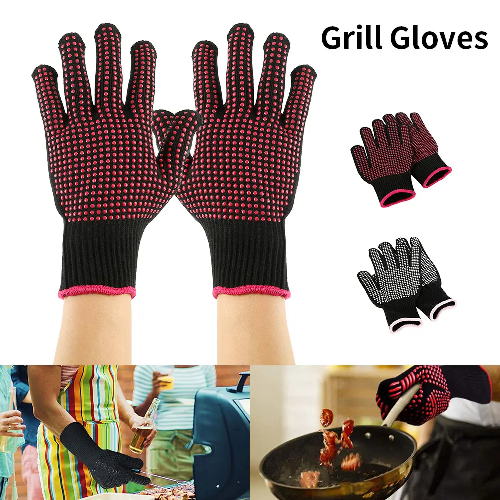 

Grill Gloves BBQ Gloves Extreme Heat Resistant Grill Gloves 23cm Oven Mitt Heat Proof Polyester Cotton Non-Slip Grill Gloves,