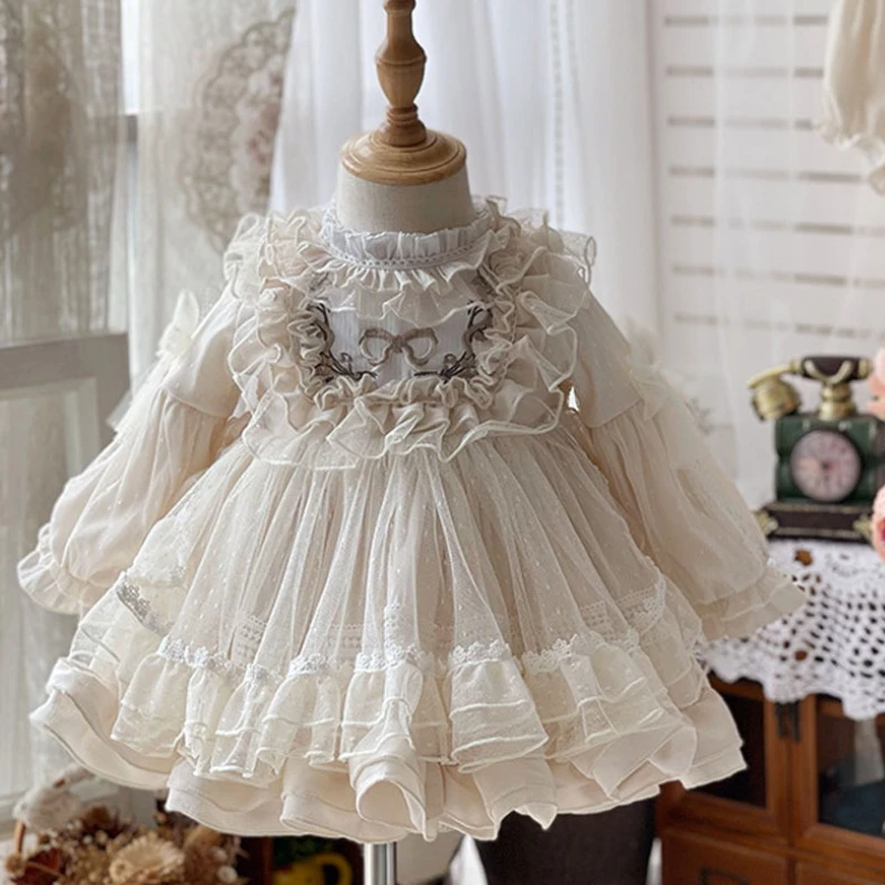 

Exquisite Bow Ball Gown Girls Birthday Gowns Palace Style Tiered Flower Girl Dress Princess Lolita Junior Bridesmaid Dresses