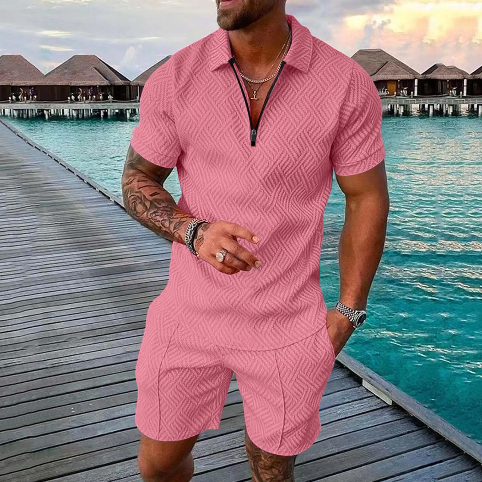 

Male Casual Striped Print Two Piece Suit Zipper Collar Short Sleeve Top Blouse Suit Drawstring Pocket Short Set