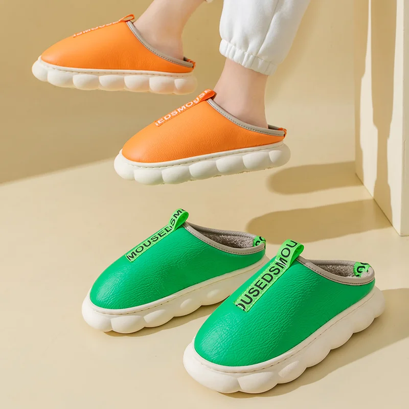 

Couples Slippers Warm Home Non-slip Plush Cotton Waterproof Shoes Thick Bottom Fur Slippers Zapatillas Mujer Chaussure Femme