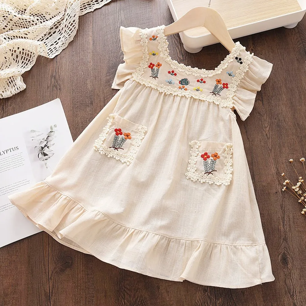 

2-8 Years Summer Girls Dress Fashion Floral Embroidered Ruffle Princess Gowns Toddler Casual Dresses Children Clothes Vestidos