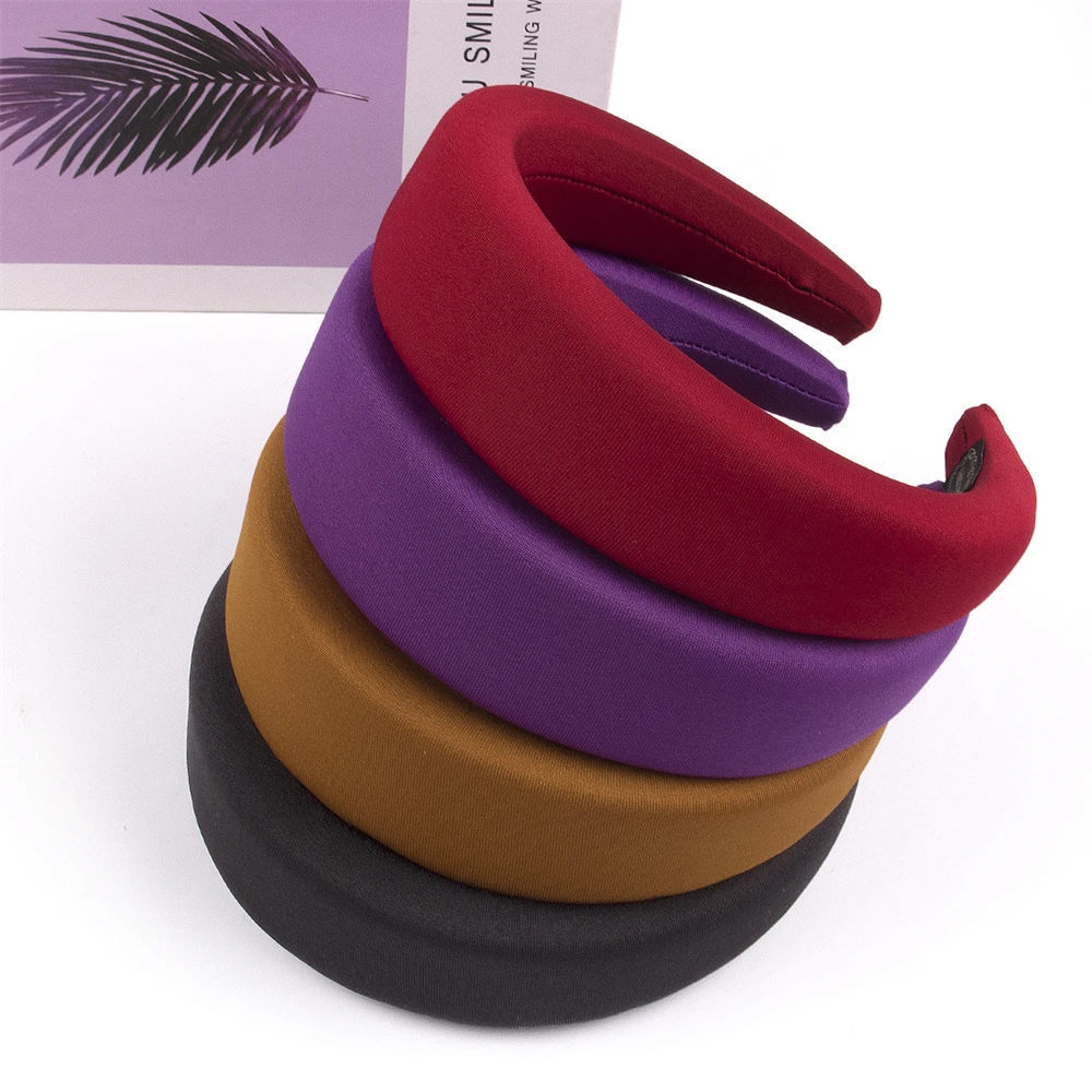 

Girls Glossy Satin Headband Thick Sponge Plastic Pad Hairband Velvet Solid Hair Hoop Bohemia Headwear Accessories For Women