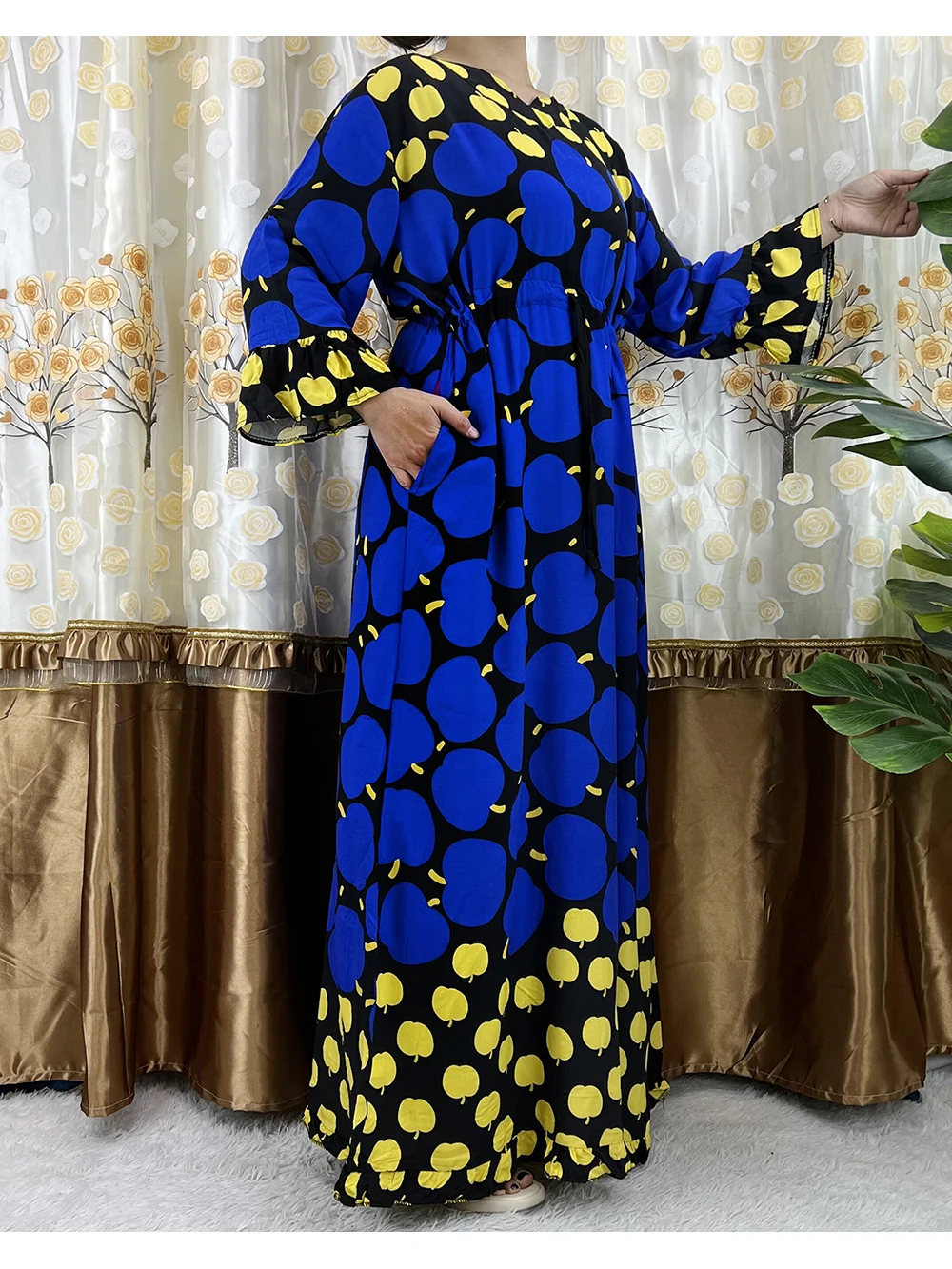 New Style Flower Sleeve 2 Pieces African Dashiki Floral Print Waist Belt Cotton Caftan Lady Summer Maxi Casual Dresses Vestidos