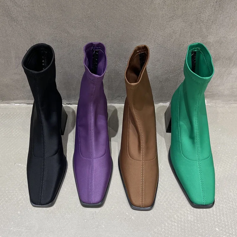 

Fashion Women Ankle Boots Square Toe Sock Botas Lycra Sock Booties Flat Mid Heels Black Purple Brown Green Slip On Stretch Shoes