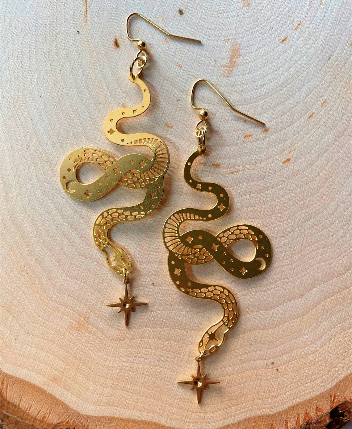 

Golden Color Snake Earrings, Fashion Earrings, Gift for Her, Gold Plated, Brass Charms,boho Earrings