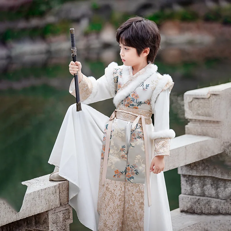 Новинка 2024 зимний красивый костюм Hanfu в китайском стиле Тан для мальчиков боевой