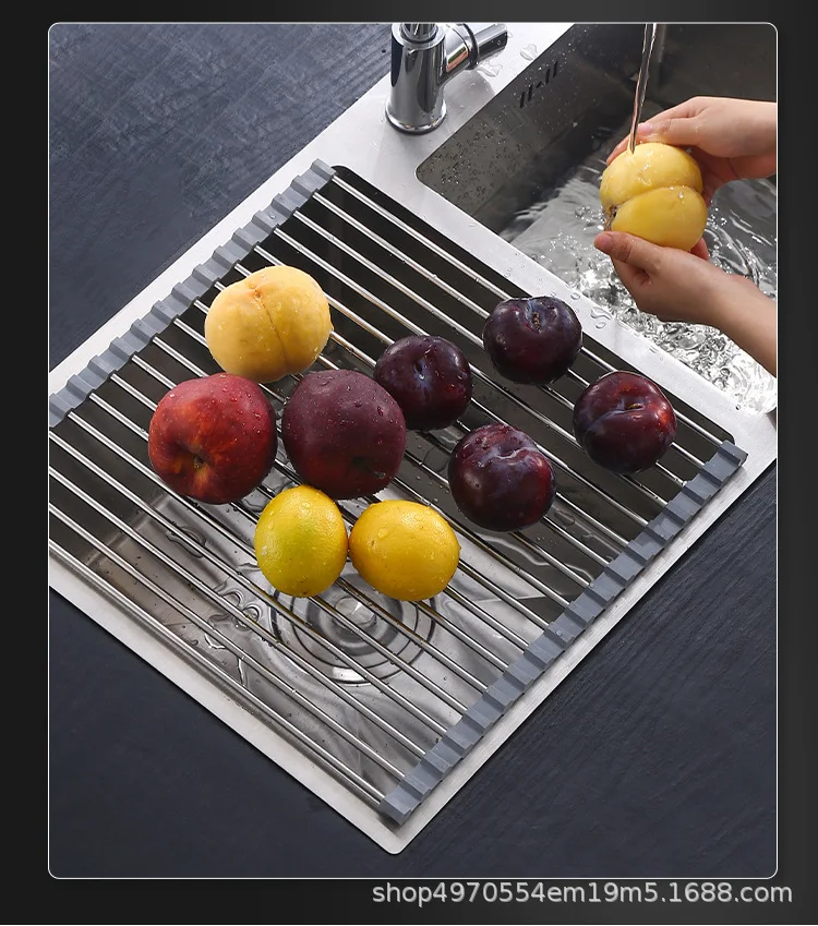 

stainless steel drainage roller shutter kitchen sink drainage bowl and dish rack foldable mould proof silica gel storage rack