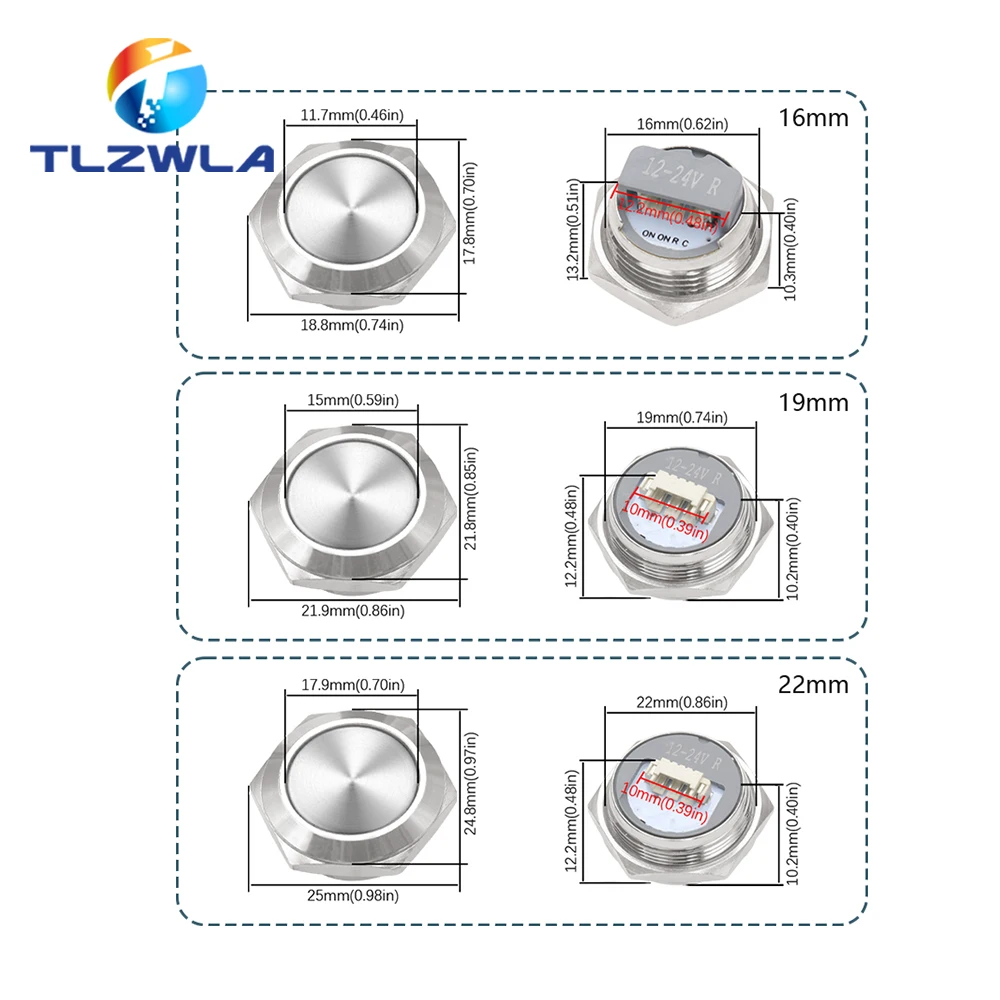 16/19/22mm Ultra Short LED Light Switch 12V 24V Momentary Self Reset Waterproof Metal Push Button with Wire