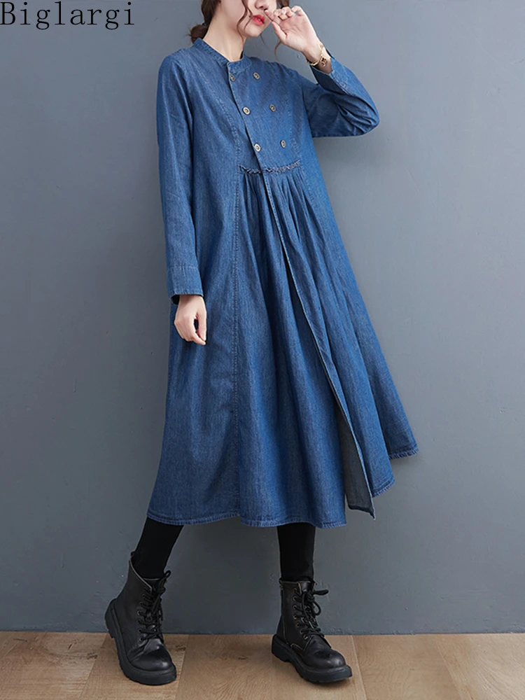 

Oversized New Korea Spring Autumn Vintage Denim Dress Women Casual Loose Big Size Dresses 2022 Ladies Womens Pleated Midi Dress