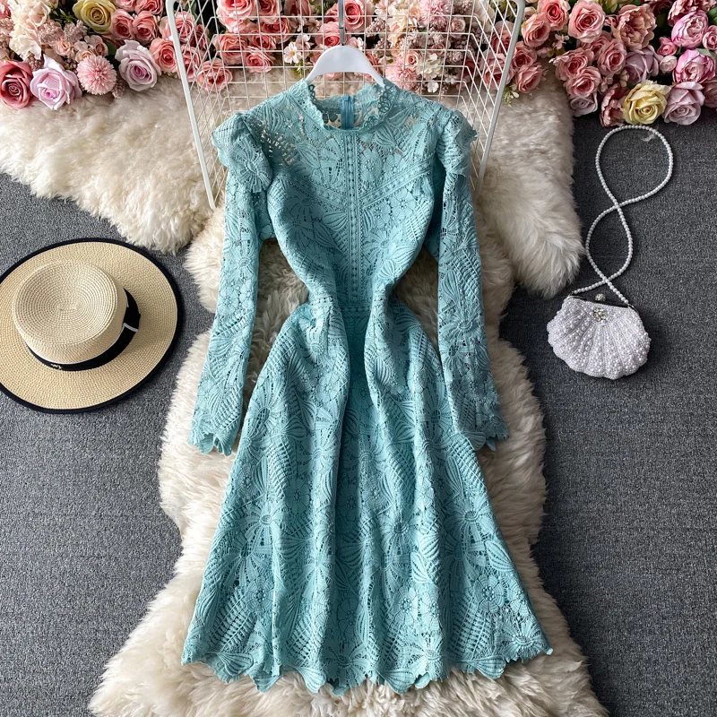 

Retro palace style wrinkled wooden ear stand collar hook flower cut air quality versatile water-soluble lace A-line skirt dress