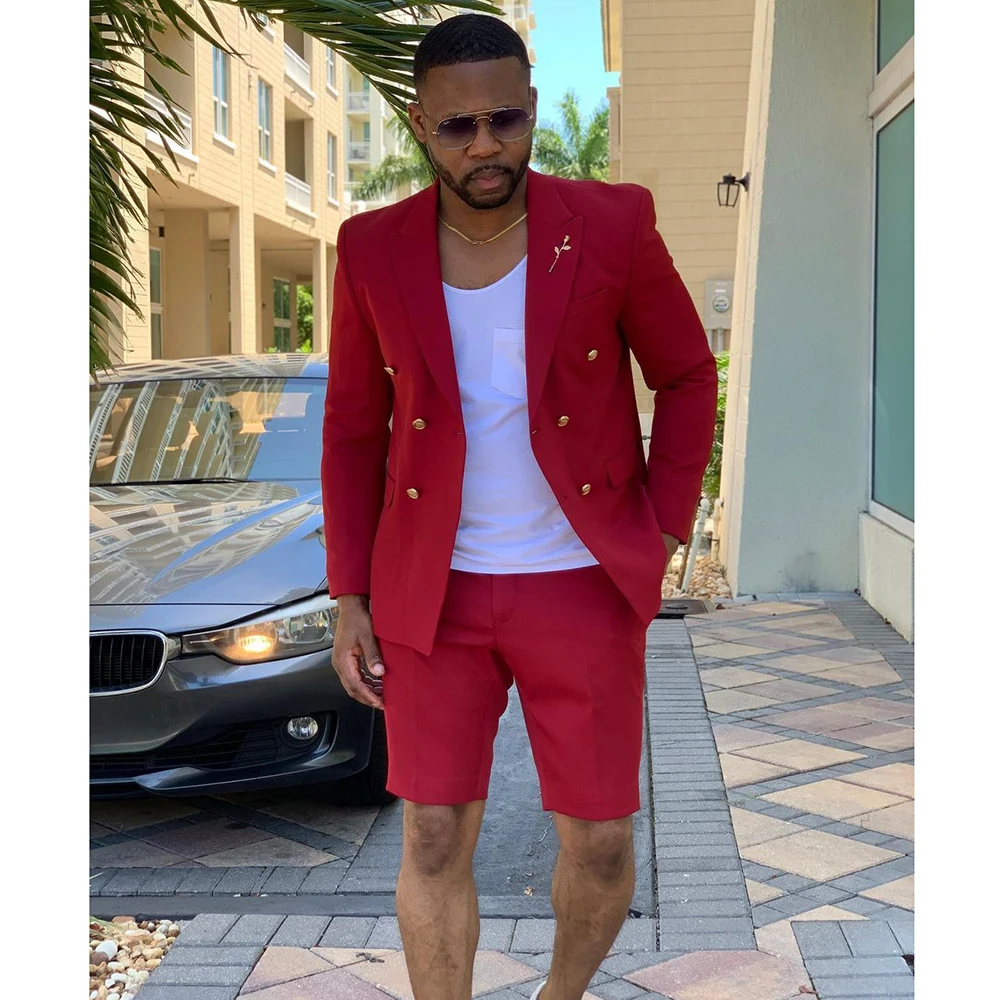 

Men Suit Summer Short Pants Jacket Two Piece Double Breasted Peaked Lapel Purple Red Casual Slim Fit Beach Blazer Costume Homme