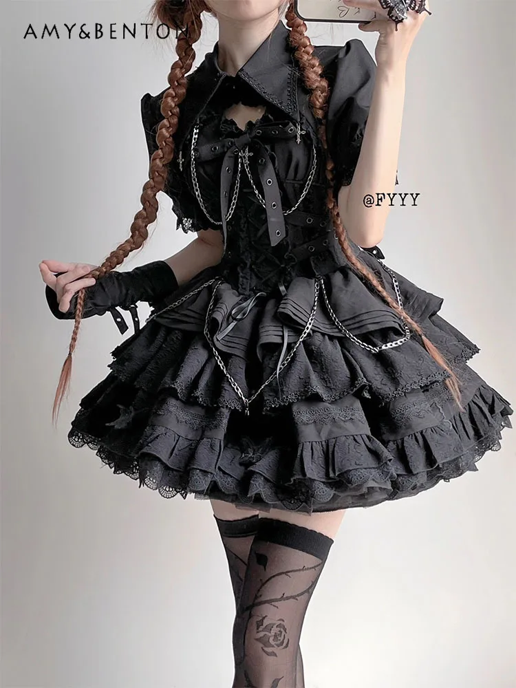 Black Gothic Style Sleeveless Short-Sleeve Top Suspender Dress Lolita Ruffled Design Princess Dress Women Halloween Summer Dress