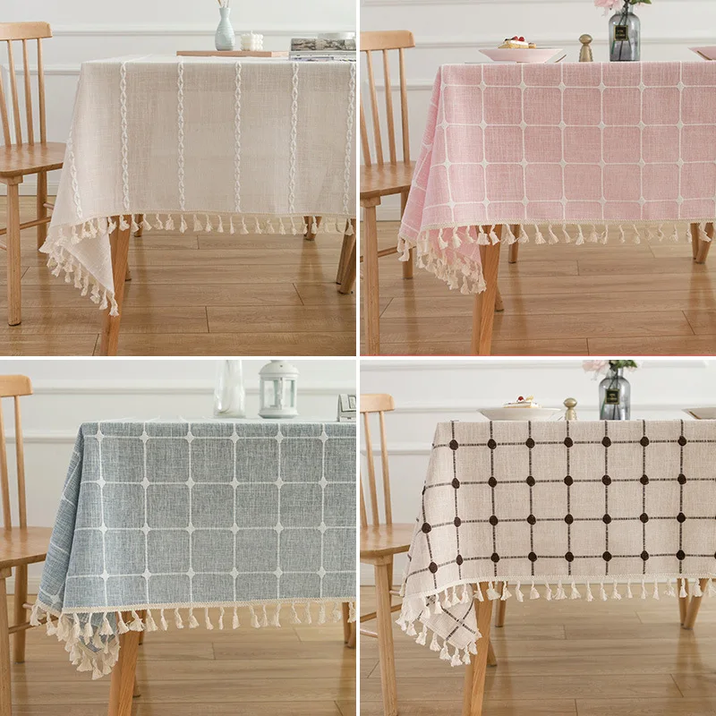 Nordic ins tablecloth modern household simple style pure color cloth tablecloth cotton linen lattice home tassel tablecloth