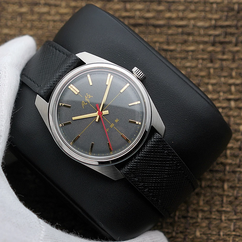 Merkur Salmon Dial Watch Vintage 70S CLASSIC CROSS LINE DIAL Original Design Handwind Mechanical Watch for Men Relogio Masculino images - 6