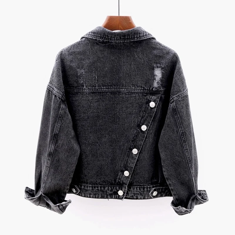 

Big Vintage Pocket Frayed Black Denim Women Coat Streetwear Autumn Korean Loose Short Jeans Jacket Female Chaqueta Mujer