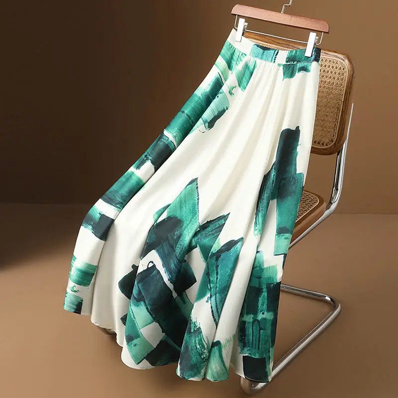 

Women 2022 Spring Summer New Fashion Printed A-line Skirts Female High Waist Pleated Skirts Ladies Midi Loose Casual Skirts L04